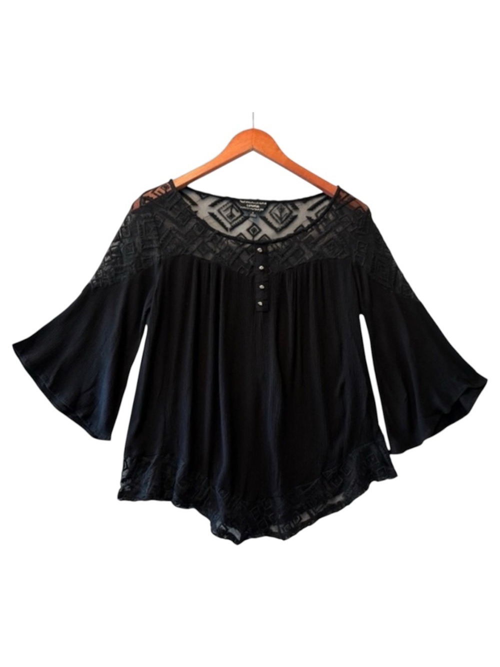 Corvia Black Lace Trim Asymmetrical Hem Bell Sleeve Blouse Size Small